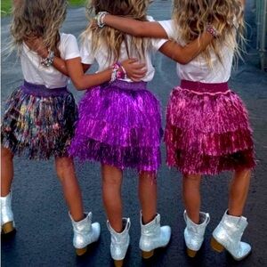 Lola + The Boys Metallic Fringe Tinsel Skort Trio in Multicolor, Purple, Magenta